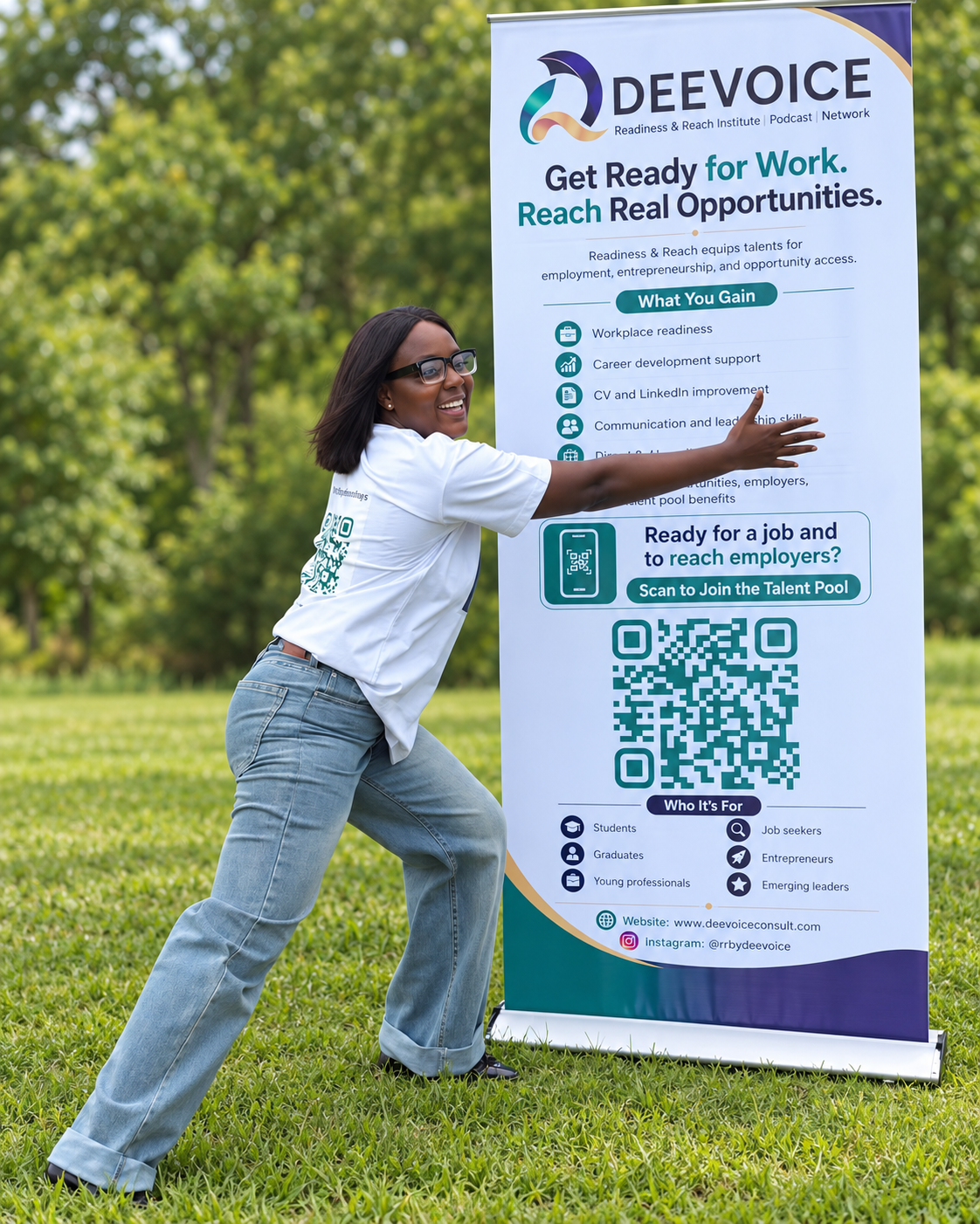 A Deevoice participant stands beside a Readiness & Reach banner at an outdoor event.